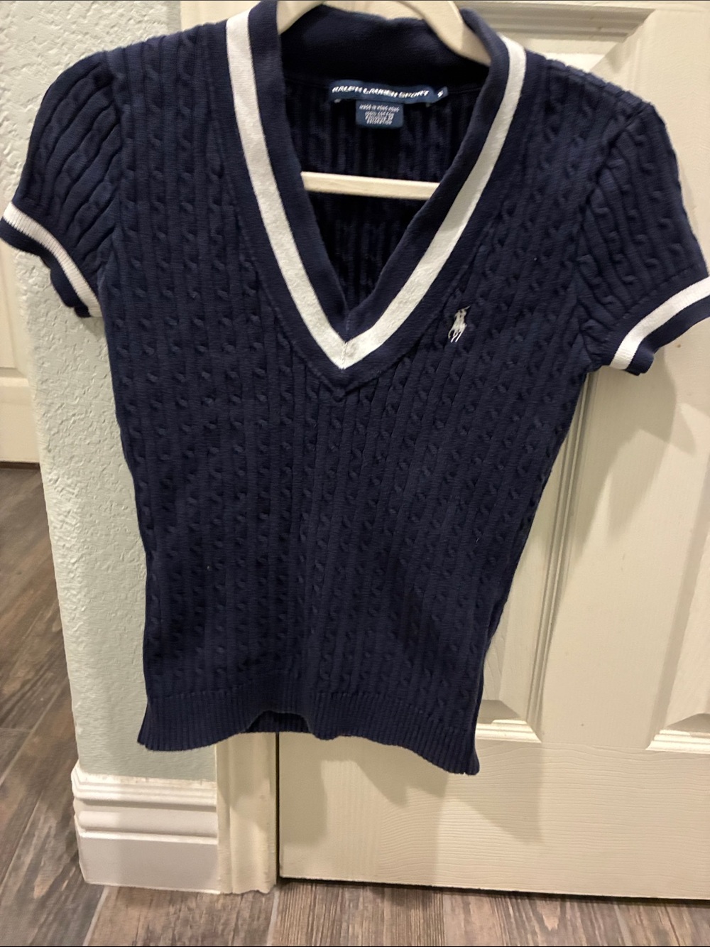 Ralph Lauren Navy Cable-Knit V-Neck Sweater with White Trim